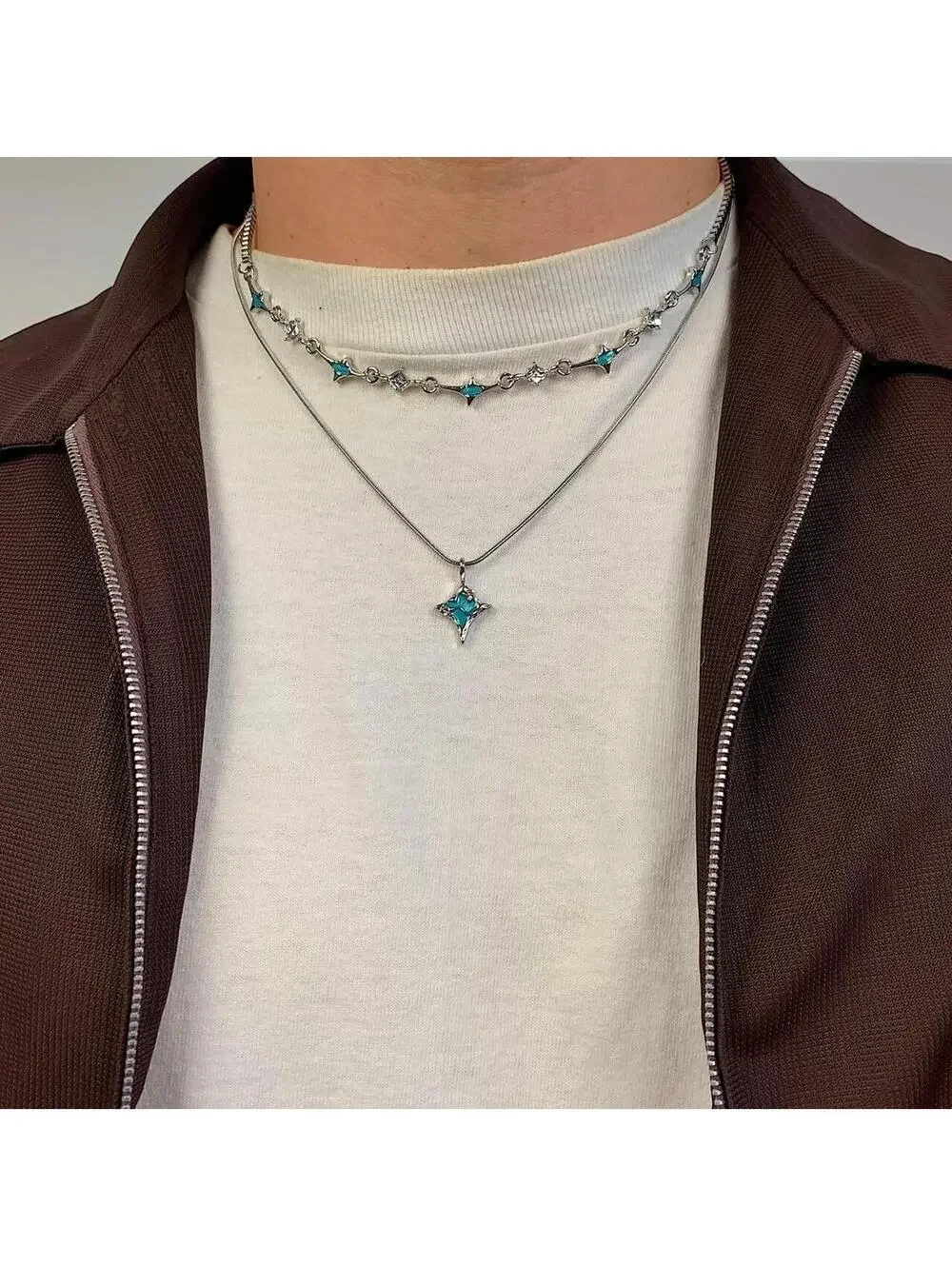 Cyber y2k 2000s style Futuristic Star pendant turquoise silver necklace. 2 neckl